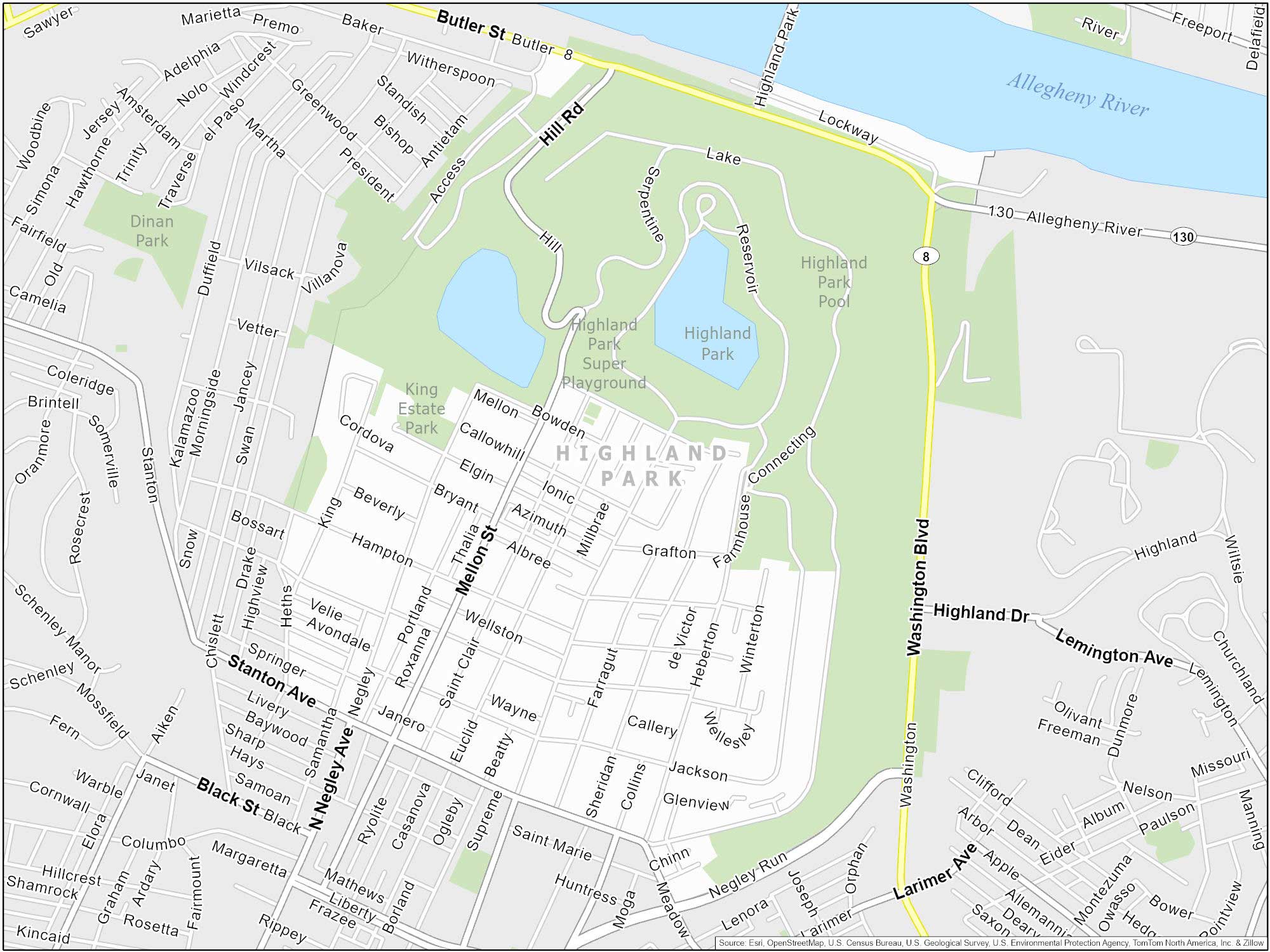 Pittsburgh Highland Park Map